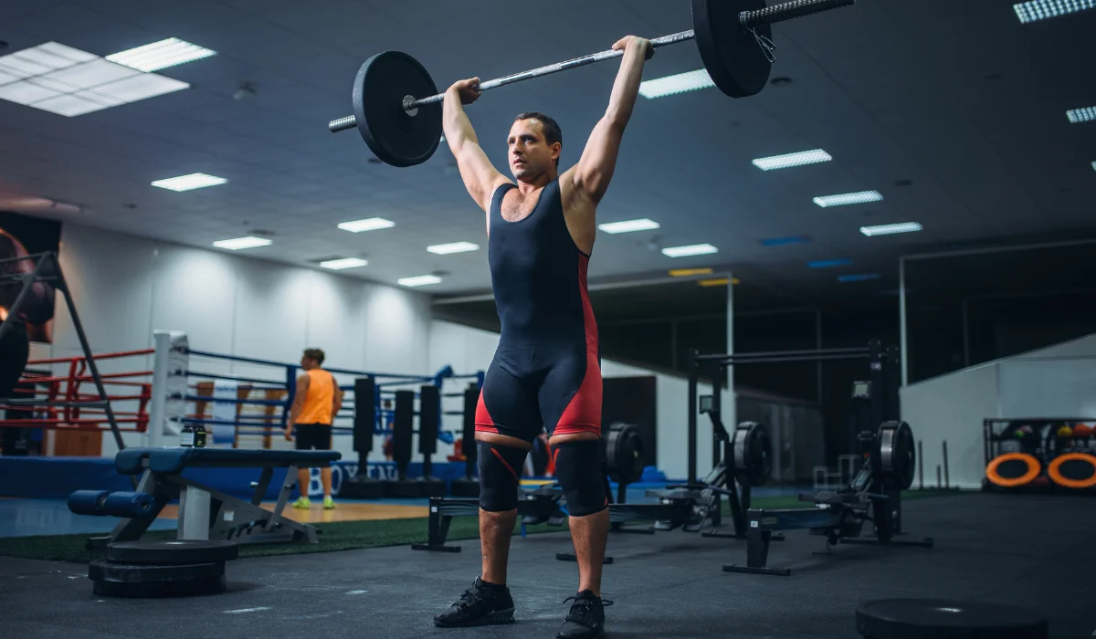 Athletic man lifting a barbell in the gym