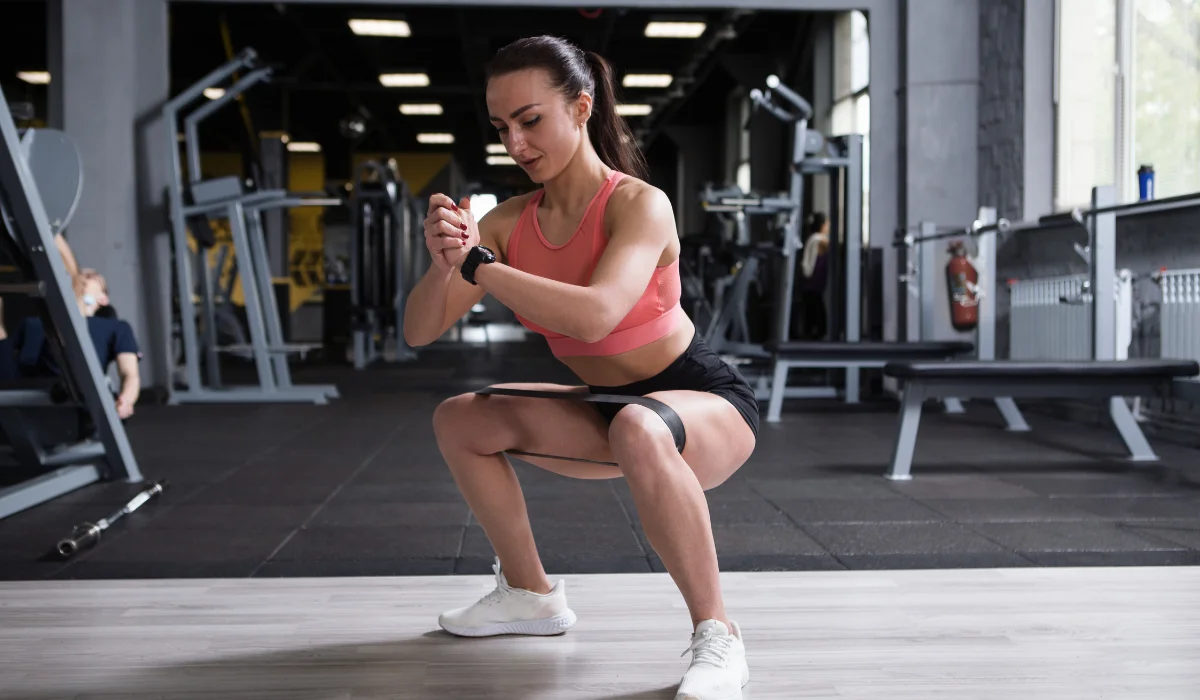 Physically fit woman doing a squat with a band on her legs.